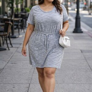 Voglo Plus Size Striped Tee Dress Cotton Blend Waist Tie Casual Chic Relaxed Fit